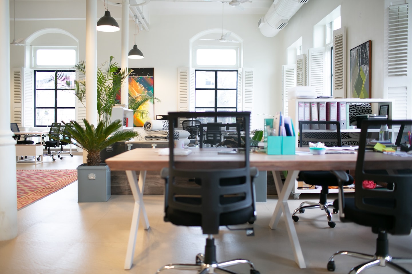 Modern open-plan office with light wood desks and large windows.